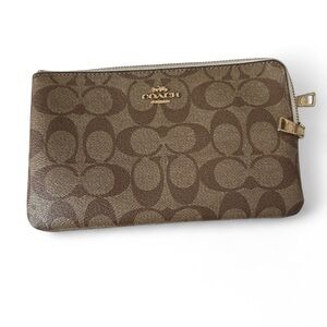 Coach Signature Brown Monogram Pouch Wristlet (No Strap) Double Zip Pouch 8x5”